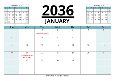 2036 calendar january with previous and next month