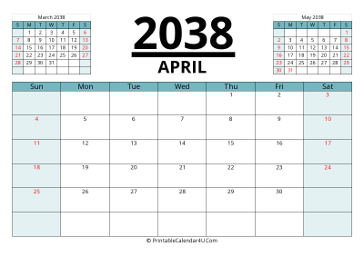 2038 calendar april with previous and next month