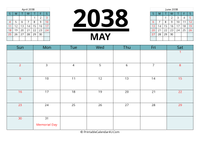 2038 calendar may with previous and next month