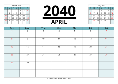 2040 calendar april with previous and next month