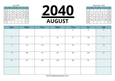 2040 calendar august with previous and next month