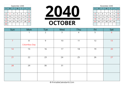 2040 calendar october with previous and next month