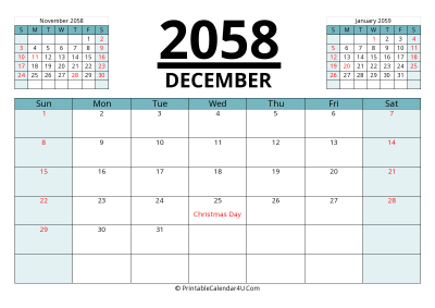 2058 calendar december with previous and next month