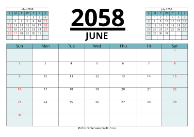 2058 calendar june with previous and next month