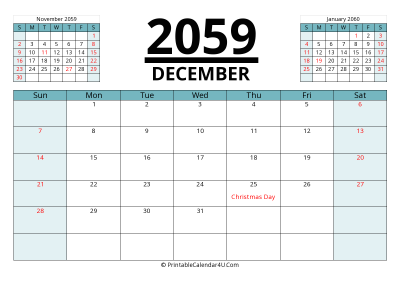 2059 calendar december with previous and next month