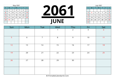 2061 calendar june with previous and next month