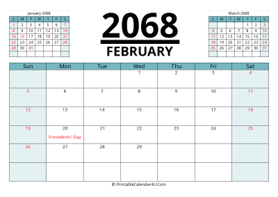 2068 calendar february with previous and next month