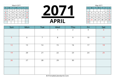 2071 calendar april with previous and next month