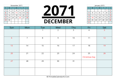 2071 calendar december with previous and next month