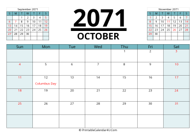 2071 calendar october with previous and next month