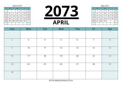 2073 calendar april with previous and next month