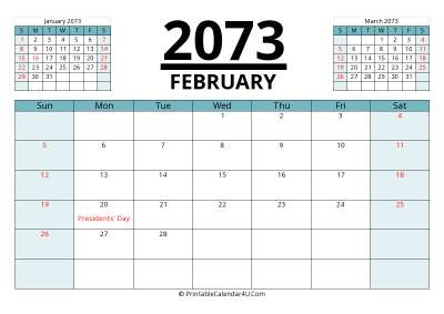 2073 calendar february with previous and next month