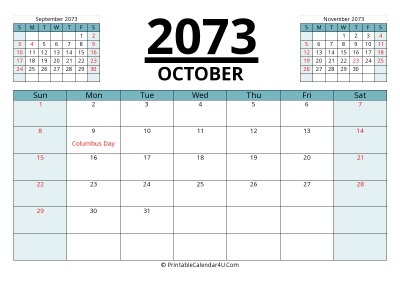 2073 calendar october with previous and next month