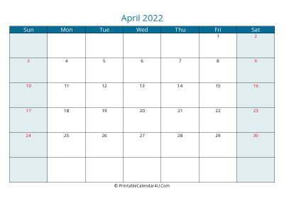 april 2022 calendar printable with us holidays, sunday start, landscape, letter paper size
