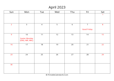 april 2023 calendar printable with uk bank holidays