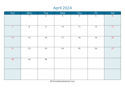 april 2024 calendar printable with us holidays, sunday start, landscape, letter paper size