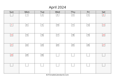 april 2024 calendar with days in box