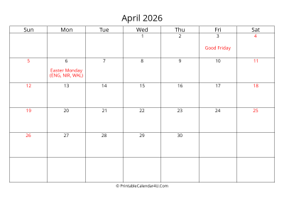 april 2026 calendar printable with uk bank holidays