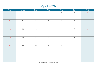 april 2026 calendar printable with us holidays, sunday start, landscape, letter paper size