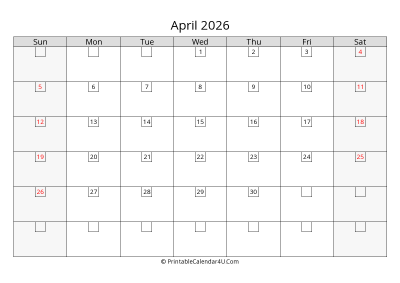 april 2026 calendar with days in box