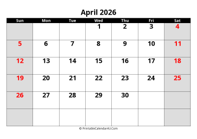 april 2026 editable calendar with large font size