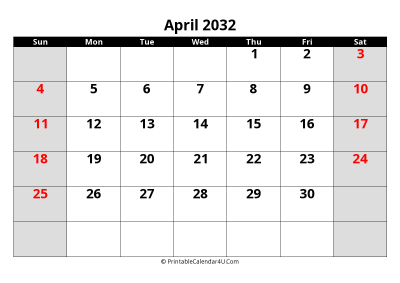 april 2032 editable calendar with large font size