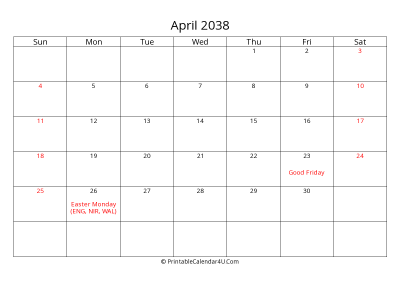 april 2038 calendar printable with uk bank holidays