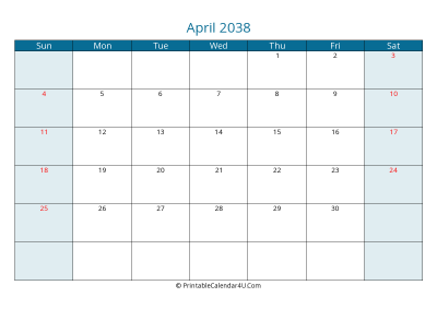 april 2038 calendar printable with us holidays, sunday start, landscape, letter paper size