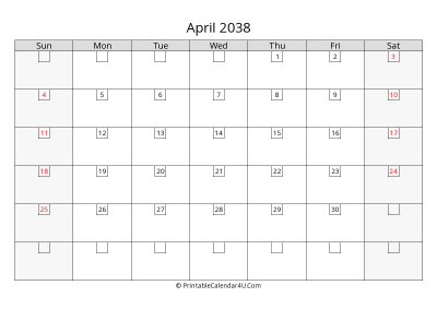 april 2038 calendar with days in box
