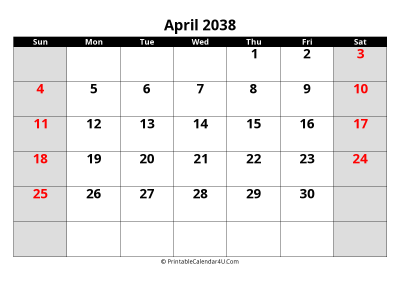 april 2038 editable calendar with large font size