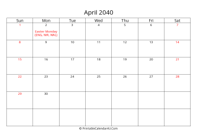 april 2040 calendar printable with uk bank holidays