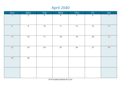 april 2040 calendar printable with us holidays, sunday start, landscape, letter paper size