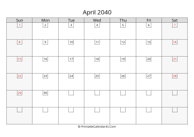 april 2040 calendar with days in box