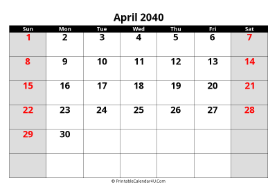 april 2040 editable calendar with large font size