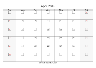 april 2045 calendar with days in box