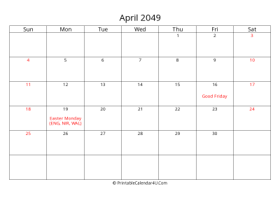 april 2049 calendar printable with uk bank holidays