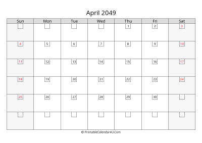 april 2049 calendar with days in box