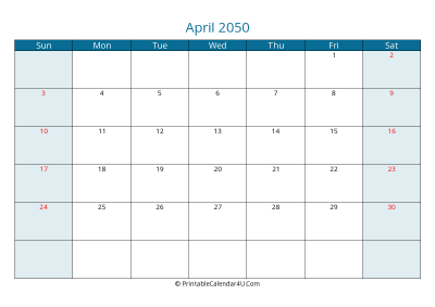 april 2050 calendar printable with us holidays, sunday start, landscape, letter paper size