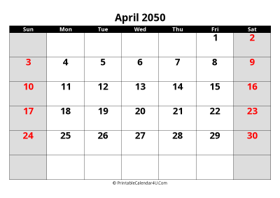april 2050 editable calendar with large font size