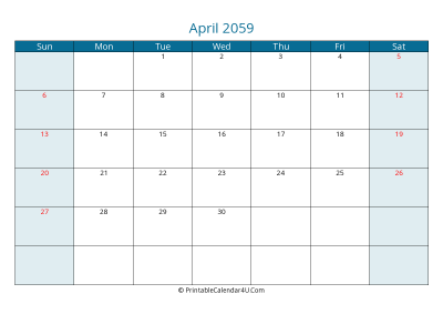 april 2059 calendar printable with us holidays, sunday start, landscape, letter paper size
