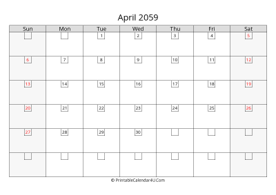 april 2059 calendar with days in box