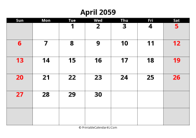 april 2059 editable calendar with large font size