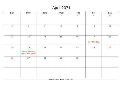 april 2071 calendar printable with uk bank holidays
