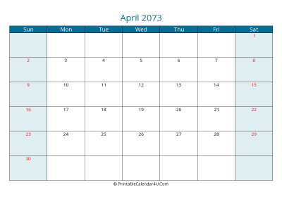 april 2073 calendar printable with us holidays, sunday start, landscape, letter paper size