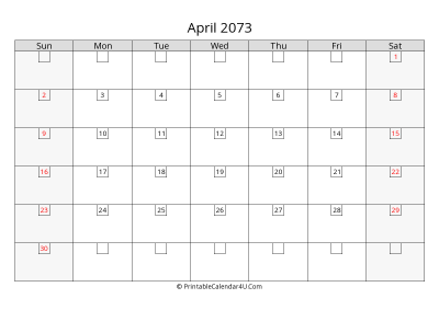 april 2073 calendar with days in box