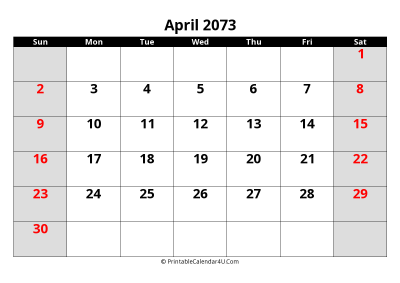 april 2073 editable calendar with large font size