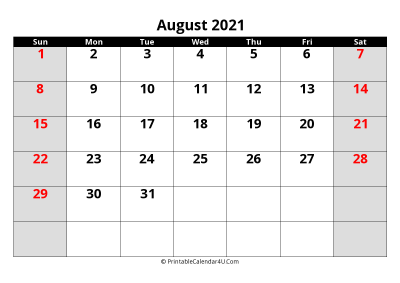 august 2021 editable calendar with large font size
