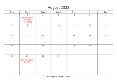 august 2022 calendar printable with uk bank holidays