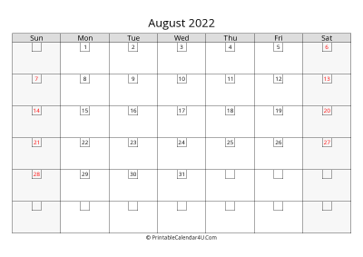 august 2022 calendar with days in box