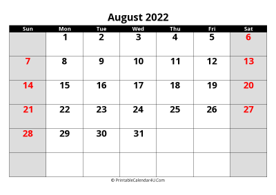 august 2022 editable calendar with large font size